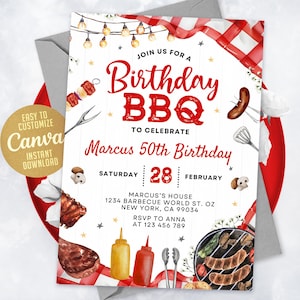 BBQ Geburtstagseinladung, Grillen Red Gingham Backyard Party Vorlage, Grill einladen, Bearbeitbare Canva Vorlage 0701