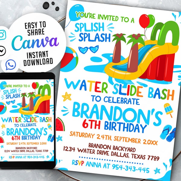 Editable Water Slide Birthday Splash Party Invitation, Boy, Girl, Slide Invitation, Water Slide Invite, NSW1