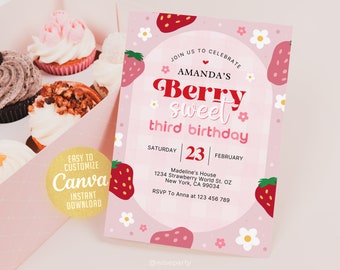 Berry Sweet Birthday Invitation, Third Invitation, Berry Birthday Invitation, Canva WS242