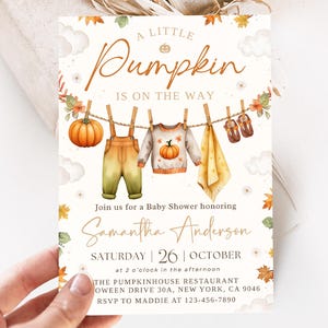 A Little Pumpkin is on The Way Baby Shower Invitation, Fall Pumpkin Baby Shower, Autumn Baby Shower Invite, Editable Canva Template 2501