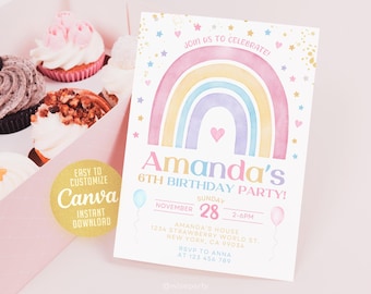 Pastel Rainbow Birthday Invitation, Girl Party, Editable Canva Template