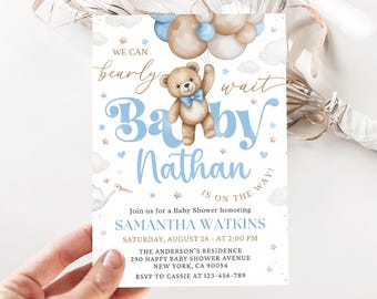 Blue Teddy Bear Baby Shower Invitation, Editable Canva Template