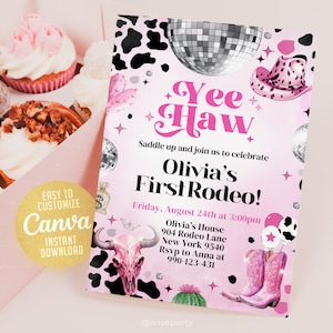 Space Cowgirl Birthday Invitation, Pink Disco Cowgirl Party Invite, Pink Invitation, Cowgirl Invitation, Canva NSW119