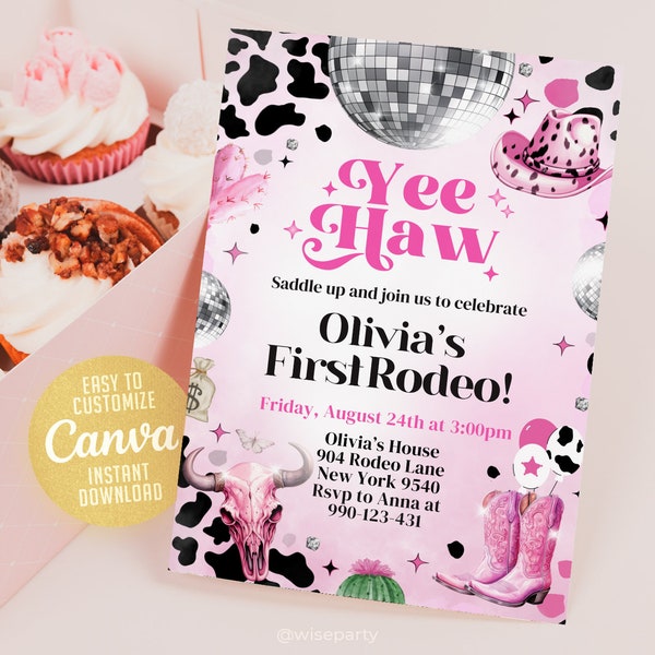 Space Cowgirl Birthday Invitation, Pink Disco Cowgirl Party Invite, Pink Invitation, Cowgirl Invitation, Canva NSW119