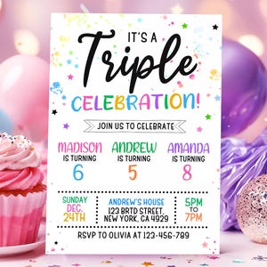 Triple Birthday Invitation, Joint Birthday Invitation, Siblings Invitation, Editable Canva Template 25R01