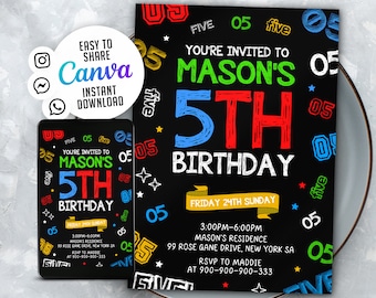 5th Birthday Invitation, Colorful Number Design (Digital Download)