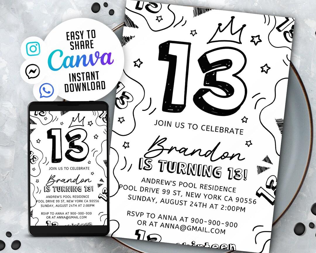 13th Birthday Invitation, Simple Black and White Birthday Invitation ...