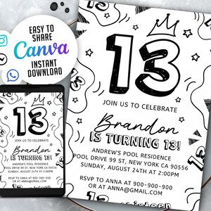 13. Geburtstagseinladung, einfache Schwarzweiß-Geburtstagseinladung, bearbeitbare Vorlage, 13 Bday Invites, NSW13