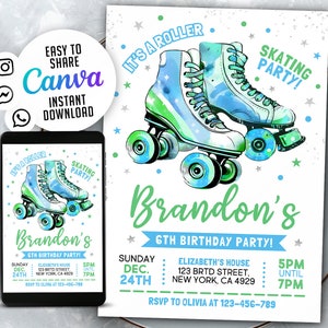 May include: A blue and green watercolor illustration of roller skates with the text "It's a Roller Skating Party!" and "Brandon's 6th Birthday Party!"  The invitation includes the date, time, and location of the party. RSVP to Olivia at 123-456-789.