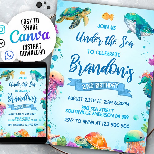 Editable Under The Sea Birthday Invitation, Editable Ocean Animals Party Invite Template, 5x7 Editable Canva Template NSW1