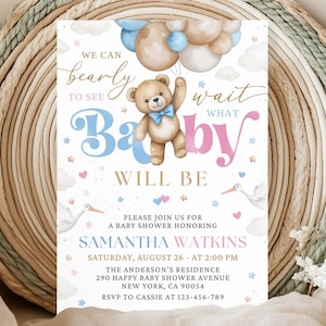 Gender Revel We Can Bearly Wait Baby Shower Invitation, Girl Boy We Can Bearly Wait Baby Shower Invite, Pink Blue Bear Baby Shower, Editable