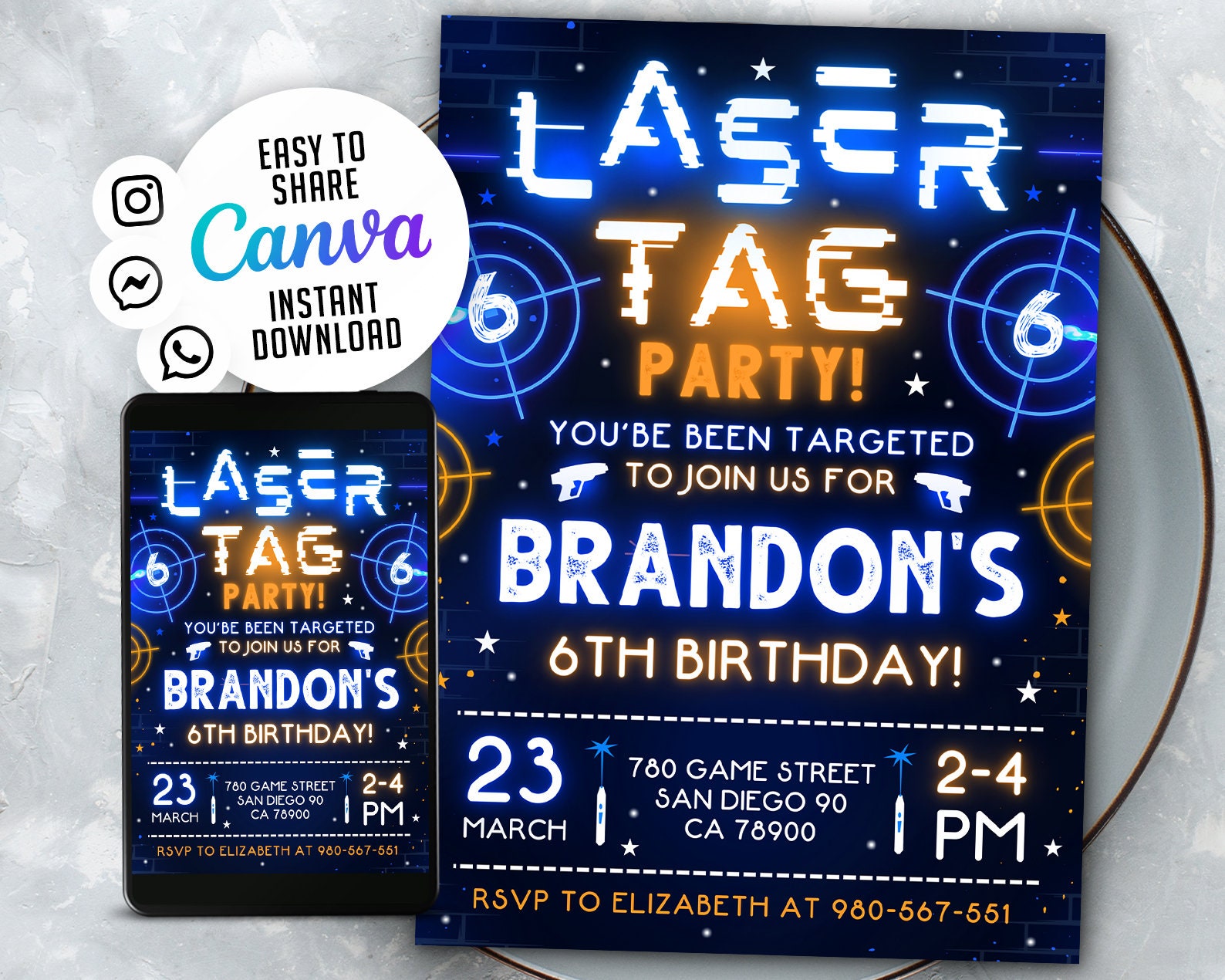 Laser Tag Birthday Invitation, Neon Laser Tag Invite, Glow Laser Tag Party,  Blue Green, 5x7 Editable Canva Template WS2402 - Etsy, image size:1588x1270