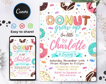 Editable Donut Invitation, Donut Grow Up Invitation,  5x7 Editable Canva Template