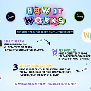 May include: A colorful infographic explaining how to create and send invitations using a website. The infographic has three steps: make purchase, personalize, and send to friends or print. The steps are numbered 1, 2, and 3. The infographic also includes the text "The whole process takes only a few minutes!" and "Do not hesitate to ask us anything. We are happy to help!"