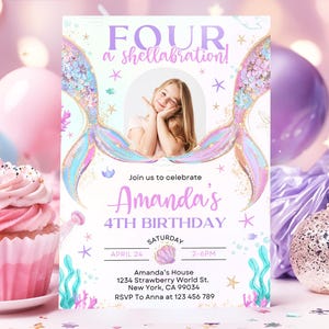 Four Mermaid Tail Invitation, Mermaid 4th Birthday Invitation, Shellbrate Invite, Mermaid Invites, Girl 4th invitation, Editable WS252