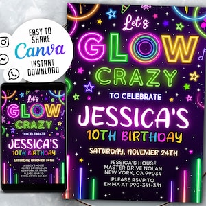 Glow Crazy Party Birthday Invitation, Glow Invitation, Girl, Boy, Neon Party Invite, Neon Lights, Glow Party Template, Editable Canva, NSW1