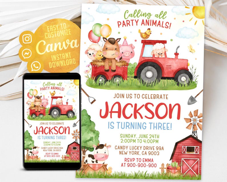 Farm Invitations Farm Animals Birthday Invitation, Kids Ranch Party (5x7 Canva Template ...