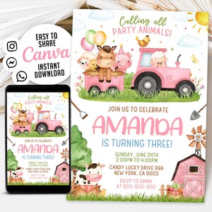 May include: A pink and white printable invitation for a farm-themed birthday party. The invitation features a pink tractor with farm animals, including a cow, pig, horse, and sheep. The text on the invitation reads "Calling all party animals! Join us to celebrate Amanda is turning three!"  The invitation also includes the date, time, and location of the party.