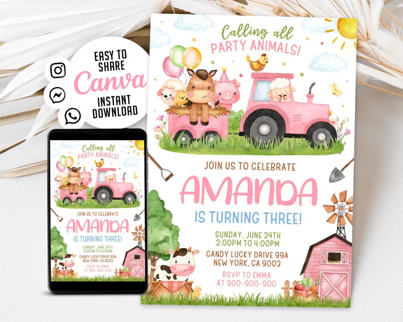 May include: A pink and white printable invitation for a farm-themed birthday party. The invitation features a pink tractor with farm animals, including a cow, pig, horse, and sheep. The text on the invitation reads "Calling all party animals! Join us to celebrate Amanda is turning three!"  The invitation also includes the date, time, and location of the party.