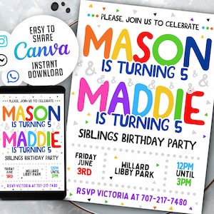 Editable Siblings Birthday Invitation | Double Birthday Invitation, Joint invitation, digital download, printable template, NSW1