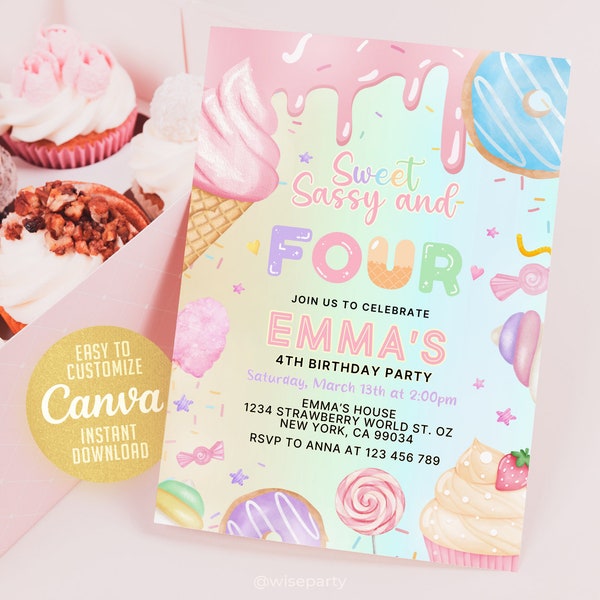 Sweet Sassy and Four Birthday Invitation, Candy 4th Invitation, Candy Ice cream Cupcake Birthday Dessert, 5x7 Editable Canva Template