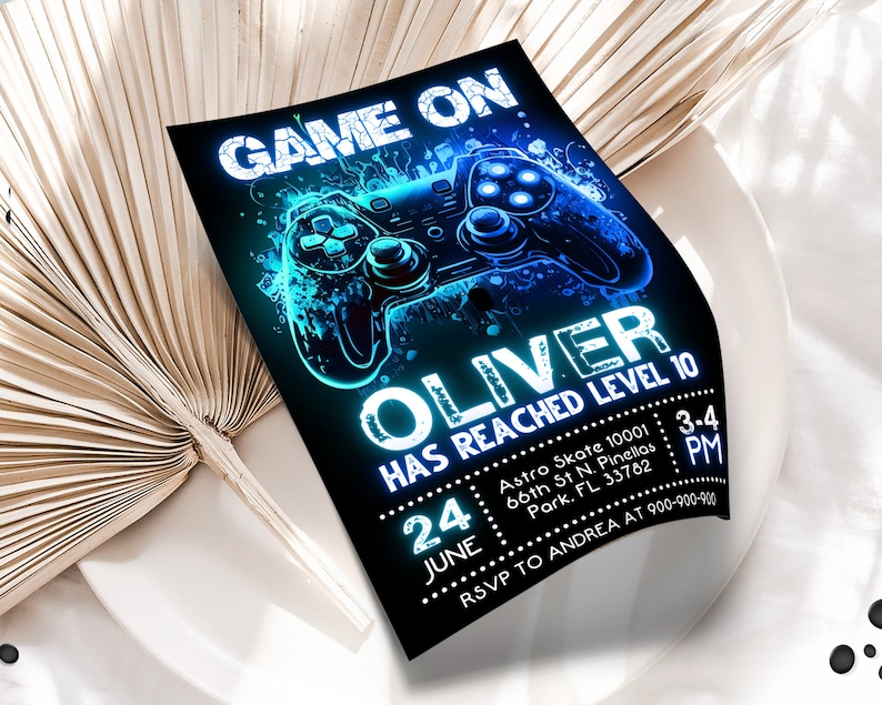 Editable Video Game Party Invitation, Level Up Birthday Invite, Gamer Boy Template, Arcade Party, 5x7 Canva WS2401 zdjęcie 3