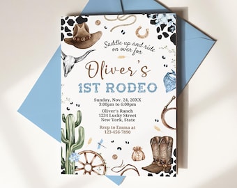 First Rodeo Birthday Invitation, Wild West Cowboy Party Invite (Digital Download)