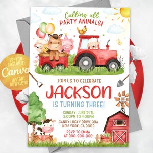 Invito di compleanno a tema fattoria, inviti per feste con animali da fattoria, invito di compleanno per bambini con animali da cortile, invito 5x7 Canva WS2501