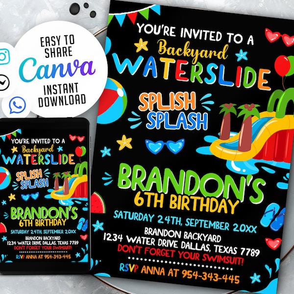 Editable Water Slide Birthday Splash Party Invitation, Boy, Girl, Slide Invitation, Water Slide Invite, NSW121