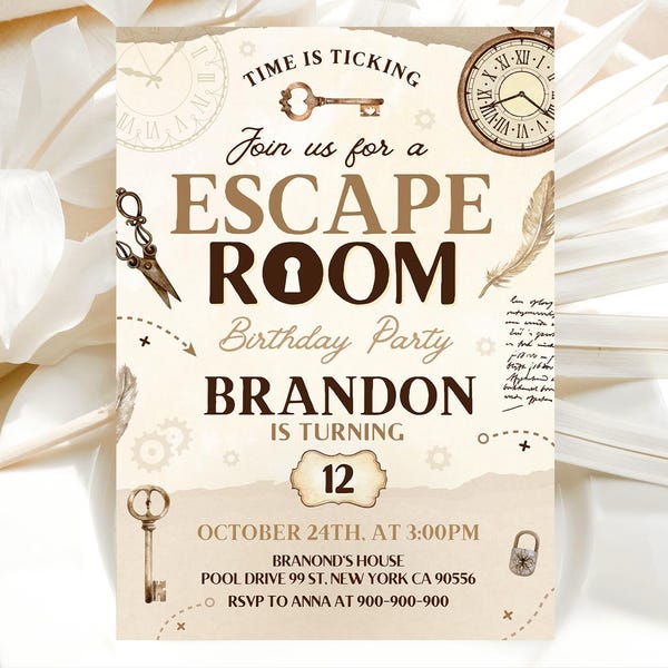 Escape Room Birthday Invitation, Mystery Birthday Invitation, Old Vintage Paper, Games Invitation 5x7 Canva WS03M