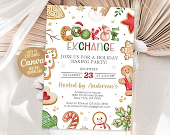Könnte beinhalten: Eine Einladung zu einem Weihnachts-Keks-Tausch mit einem festlichen Design mit Lebkuchen, Zuckerstangen und Schneeflocken. Die Einladung enthält das Datum, die Uhrzeit und den Ort der Veranstaltung. Sie enthält auch den Text "Cookie Exchange" und "Nehmen Sie an unserer Weihnachts-Backparty teil!"