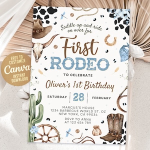 Primo modello di invito al rodeo, invito di compleanno del selvaggio West, invito di compleanno del ragazzo cowboy, il mio primo invito al rodeo, 5x7 Canva WS240801