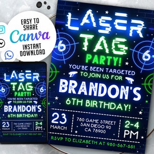 Faire-part d'anniversaire laser tag, invitation néon laser tag, fête phosphorescente, bleu vert, modèle de toile modifiable 5 x 7 WS2401