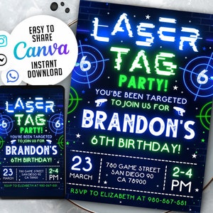 Laser Tag Birthday Invitation, Neon Laser Tag Invite, Glow Laser Tag Party, Blue Green, 5x7 Editable Canva Template WS2401 image 1