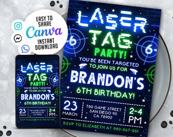 Laser Tag Geburtstagseinladung, Neon Laser Tag einladen, Glow Laser Tag Party, blau grün, 13x18 bearbeitbare Canva Vorlage WS2401