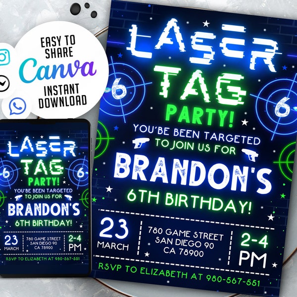 Laser Tag Geburtstagseinladung, Neon Laser Tag einladen, Glow Laser Tag Party, blau grün, 13x18 bearbeitbare Canva Vorlage WS2401