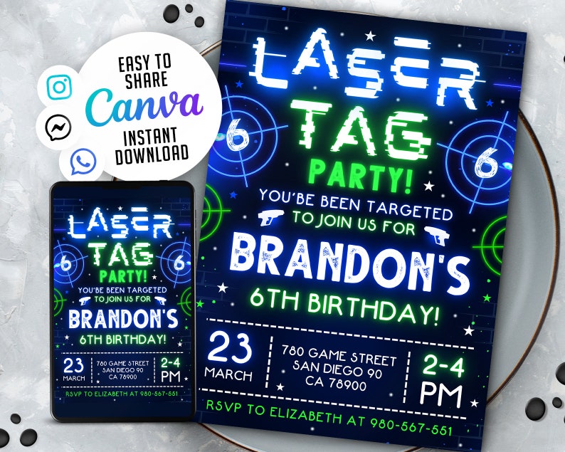 Laser Tag verjaardagsuitnodiging, Neon Laser Tag uitnodigen, Glow Laser Tag Party, blauw groen, 5x7 bewerkbare Canva sjabloon WS2401 afbeelding 1