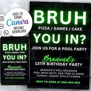 Bruh Neon Birthday Invitation, Boy Birthday Invitation, Teenager Birthday, Bruh It's My Birthday Invite, Canva WSNE02