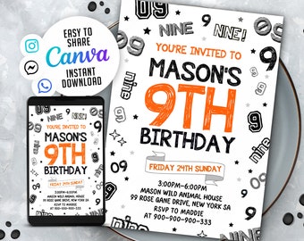 9th Birthday Invitation, Boy Number Invites (Digital Download)
