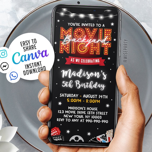 Mobile Movie Invitation, Movie Birthday Invitation, Movie Theater Invitation, Home Theater Invitation, 5x7 Canva, NSW91