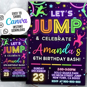 Editable Jump Birthday Party Invitation Trampoline Park Jump Birthday Party Glow Jump Trampoline Party Let&#39;s Jump Party WS0302