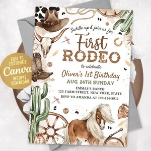 Primo modello di invito al rodeo, invito di compleanno del selvaggio West, invito di compleanno del ragazzo cowboy, il mio primo invito al rodeo, 5x7 Canva WS240804s