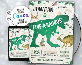 Editable Dinosaur 5th Birthday Invitation Template (Digital Download)
