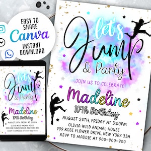 Editable Jump Birthday Party Invitation Tie Dye Jump Birthday Party Glow Jump Trampoline Party Let&#39;s Jump Party Instant Editable