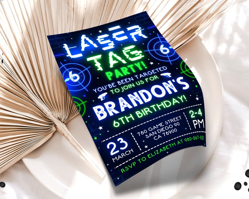 Laser Tag verjaardagsuitnodiging, Neon Laser Tag uitnodigen, Glow Laser Tag Party, blauw groen, 5x7 bewerkbare Canva sjabloon WS2401 afbeelding 3