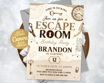 Escape Room Birthday Invitation, Mystery Birthday Invitation, Old Vintage Paper, Games Invitation 5x7 Canva WS03M