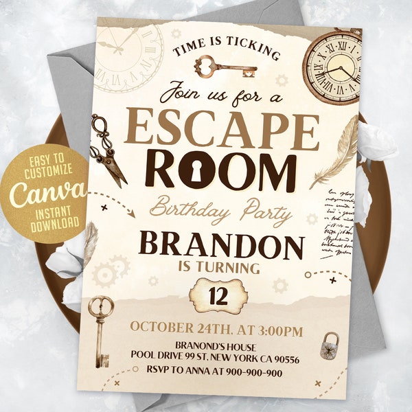 Faire-part d'anniversaire Escape Game, faire-part d'anniversaire mystère, vieux papier vintage, faire-part de jeux toile 5 x 7 WS03M