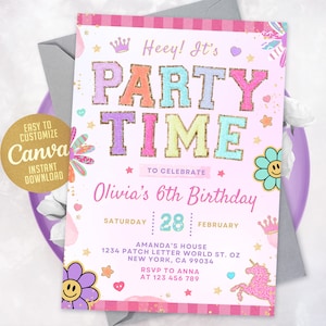 Invitación de carta de parche, invitación de cumpleaños de niña, fiesta de parche universitario, invitación preppy, plantilla Canva editable 0801
