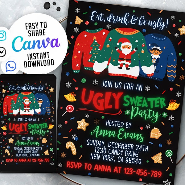 Editable Ugly Christmas Sweater Party Invitation, Ugly Sweater Christmas Party, Christmas Party Invitation, 5x7 Editable Canva Template V2