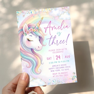 Unicorn Birthday Invitation, Pastel Rainbow Invitation, Girl Unicorn Invite, Pink Unicorn Invitation, Digital or Printed WSUN01